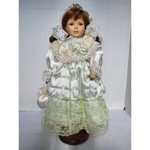 Vintage 17" Porcelain Doll Red Hair Pistachio Laced Dress with Stand Green Eyes